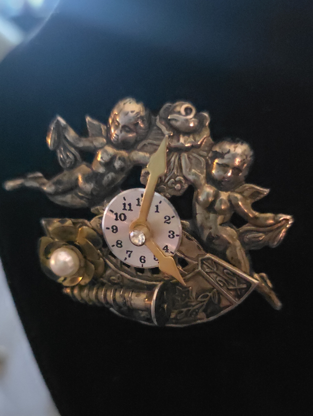 Gold Cherub Clock Brooch Pin - Decorative Home Accent